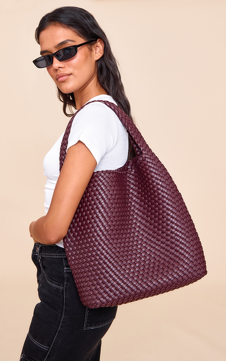 Premium Burgundy Pu Weave Shoulder Bag image 1