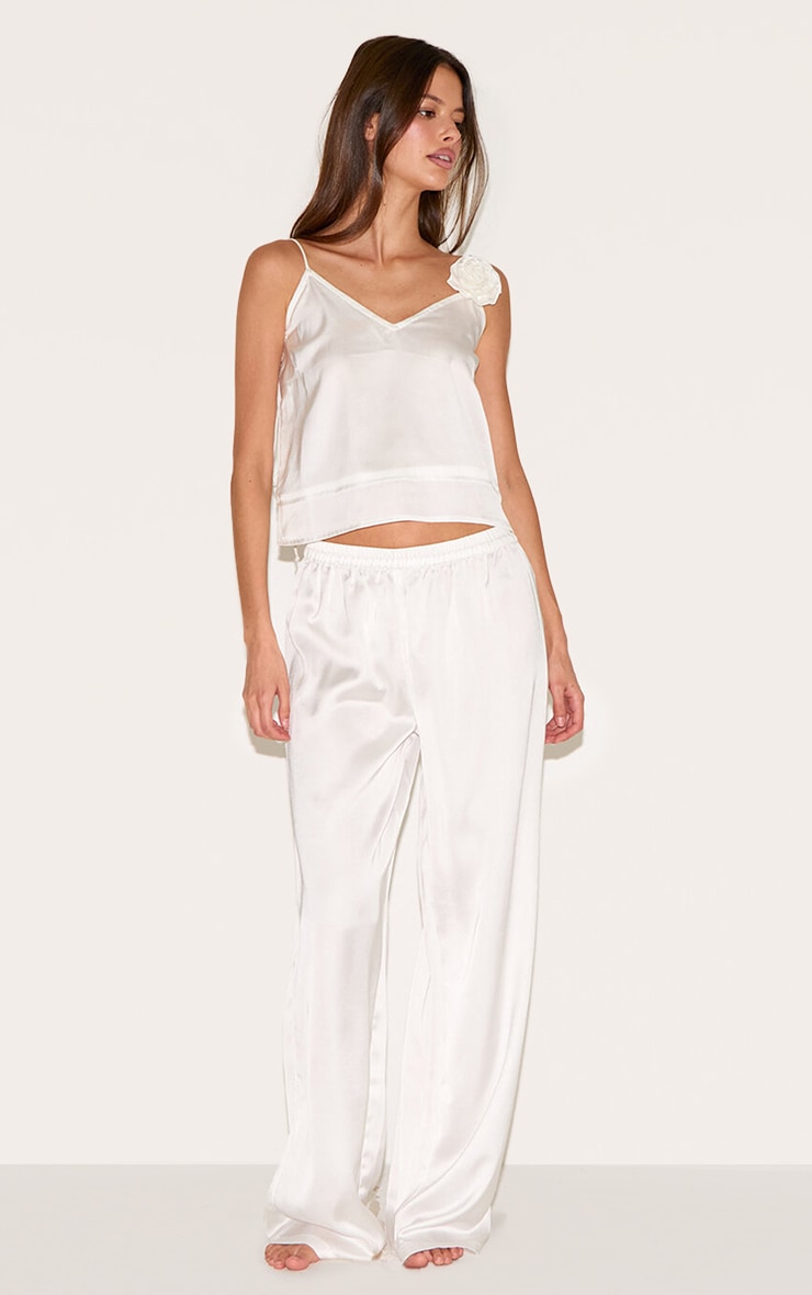 White Satin Flower Trim Cami Long Pj Set image 3