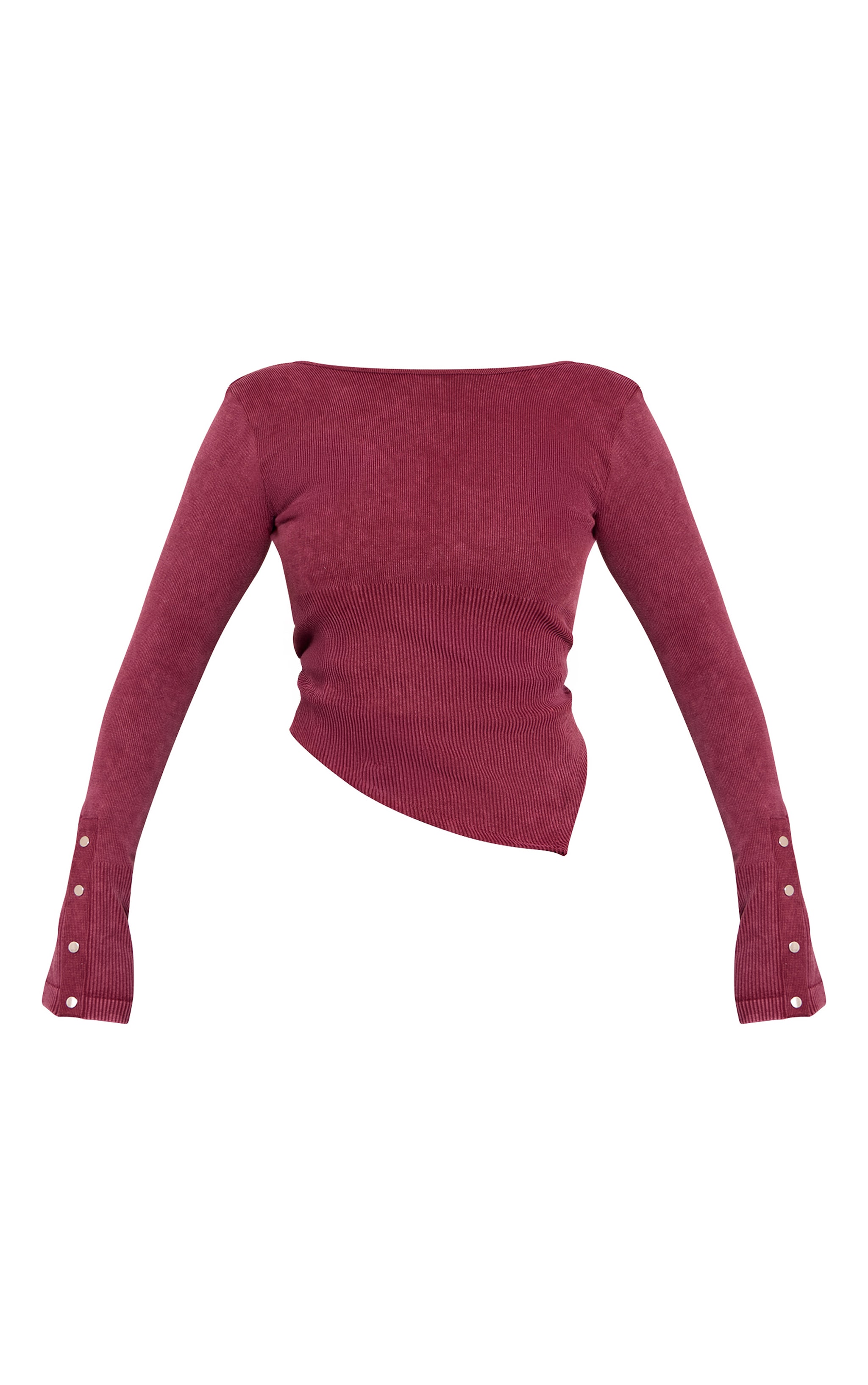 Petite Burgundy Snatched Rib Long Sleeve Popper Detail Open Back Top image 5