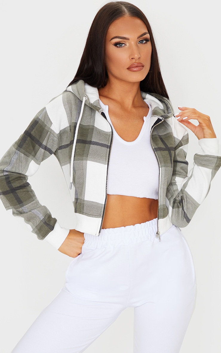Khaki Check Print Cropped Hoodie