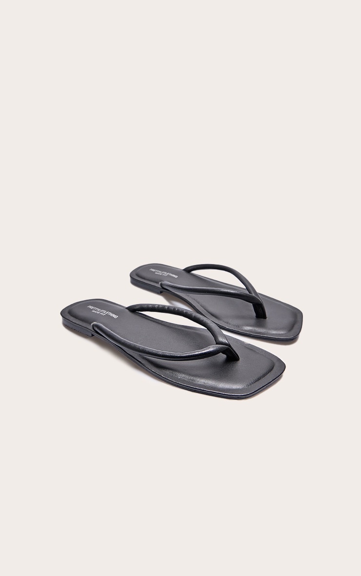 Black Wide Fit Real Leather Toe Thong Flat Sandals image 2