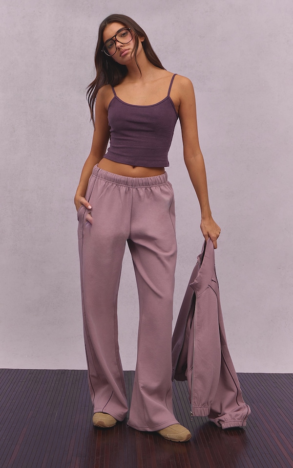 Mauve Interlock Contrast Piping Wide Leg Sweatpants
