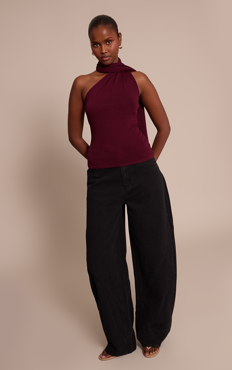 Dark Plum Scarf Neck Detail Sleeveless Knitted Top  image 3