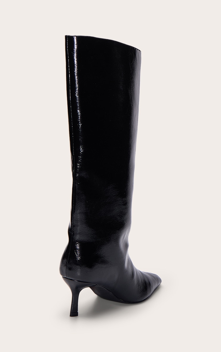Black Crinkle PU Kitten Heeled Knee High Boot image 4
