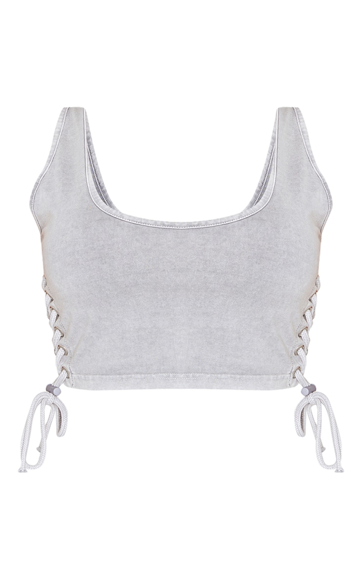 Shape Light Grey Washed Lace Up Toggle Scoop Neck Crop Top