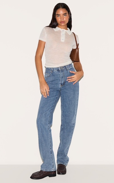 Jean Droit Taille Haute Délavage Bleu Moyen Coupe Longue
