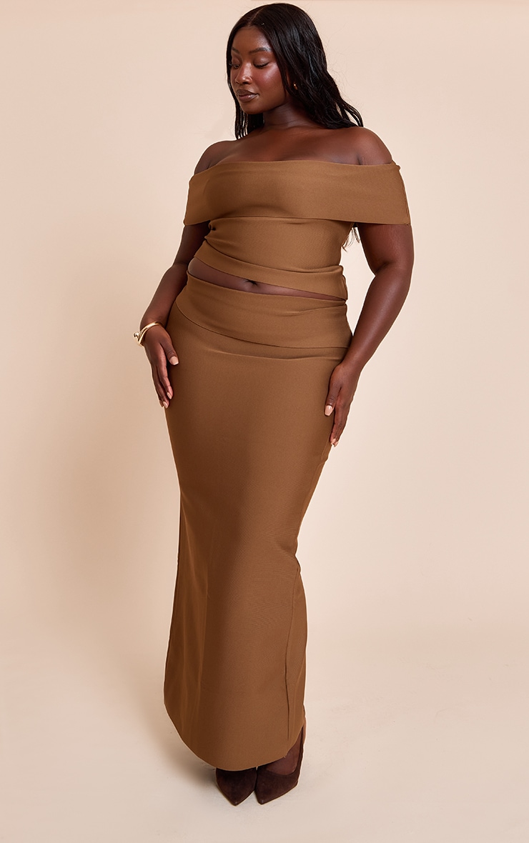 Plus Deep Chocolate Tailored Bandage Knit Fold Over Maxi Skirt image 1