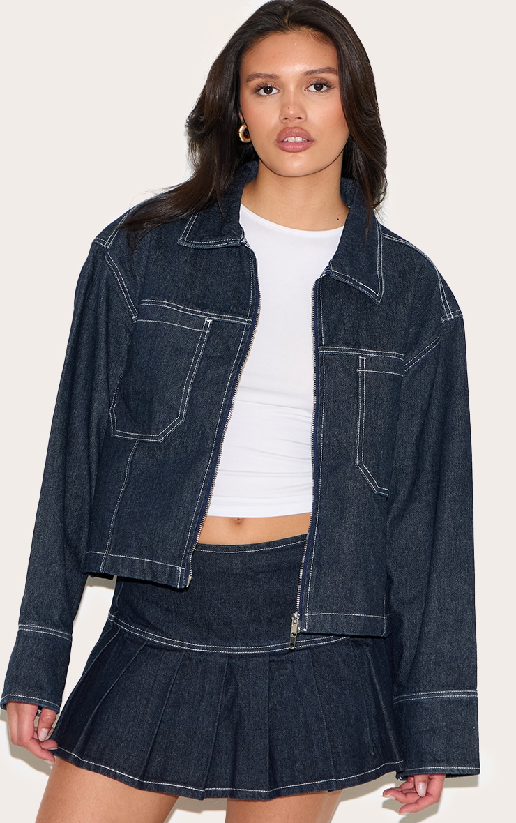 Dark Indigo Contrast Stitch Oversized Denim Jacket image 1