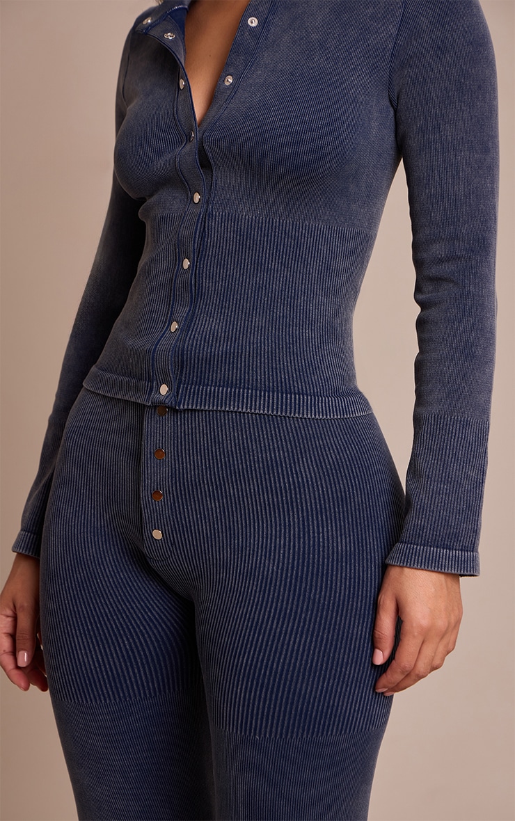 Petite Deep Navy Contour Rib Button Detail Flare Leggings image 4