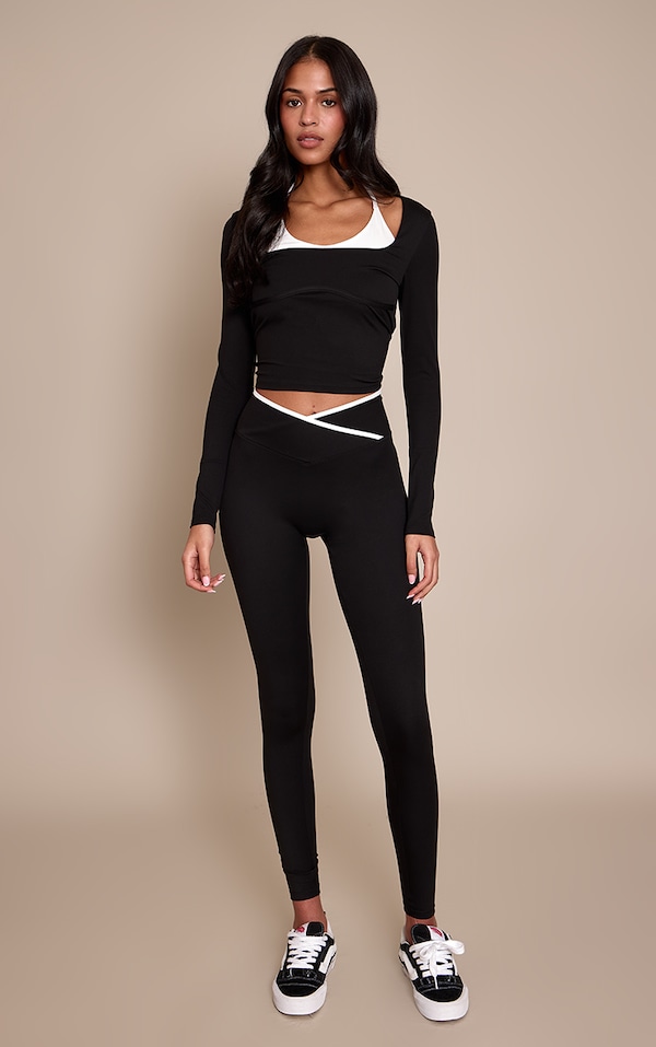 Tall Black Sculpt Contrast Piping Wrap Waist Gym Leggings
