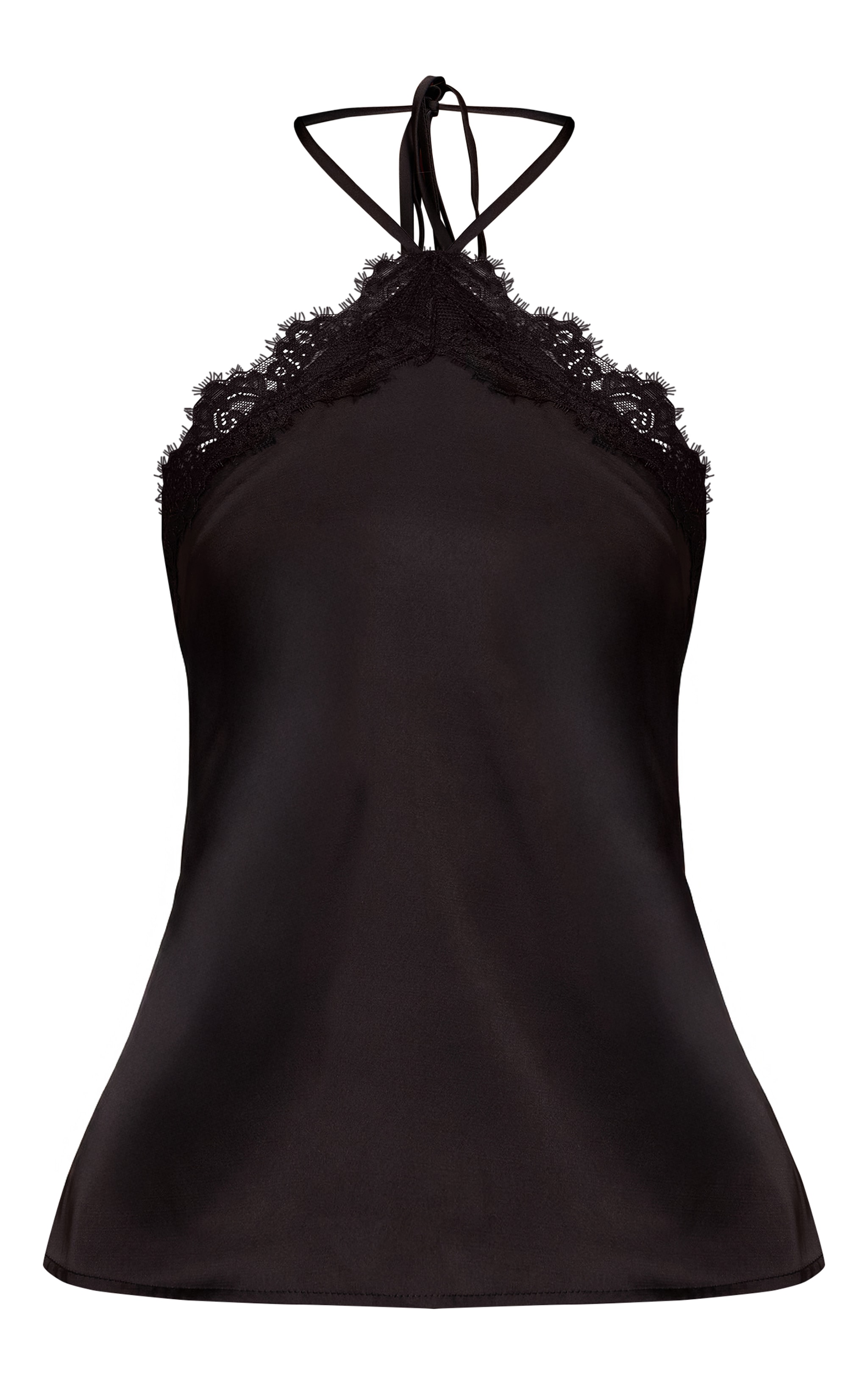 Black Satin Lace Trim Halterneck Cami Top image 5