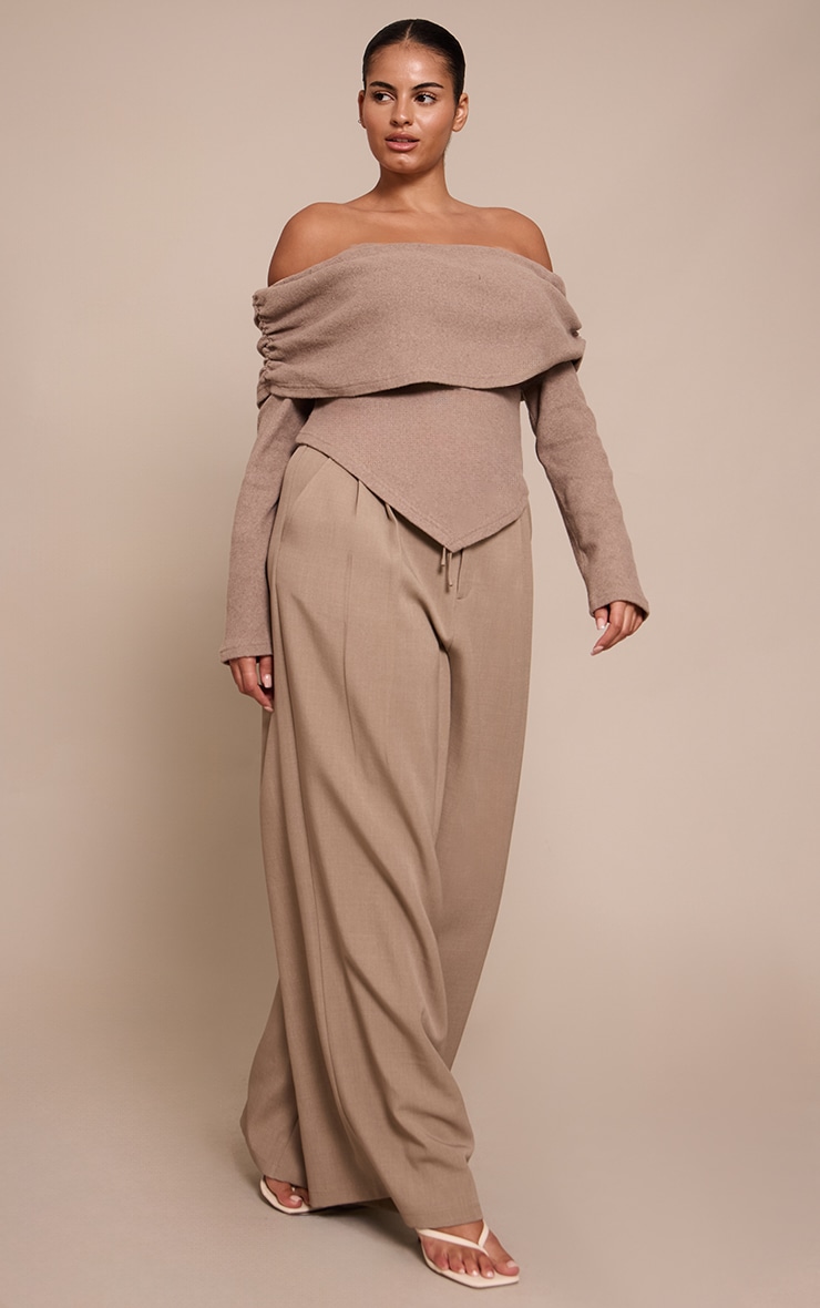 Plus Oatmeal Soft Touch Rib Off The Shoulder Long Sleeve Top image 3