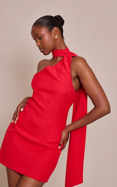 Red Woven Asymmetric Scarf Detail Mini Dress