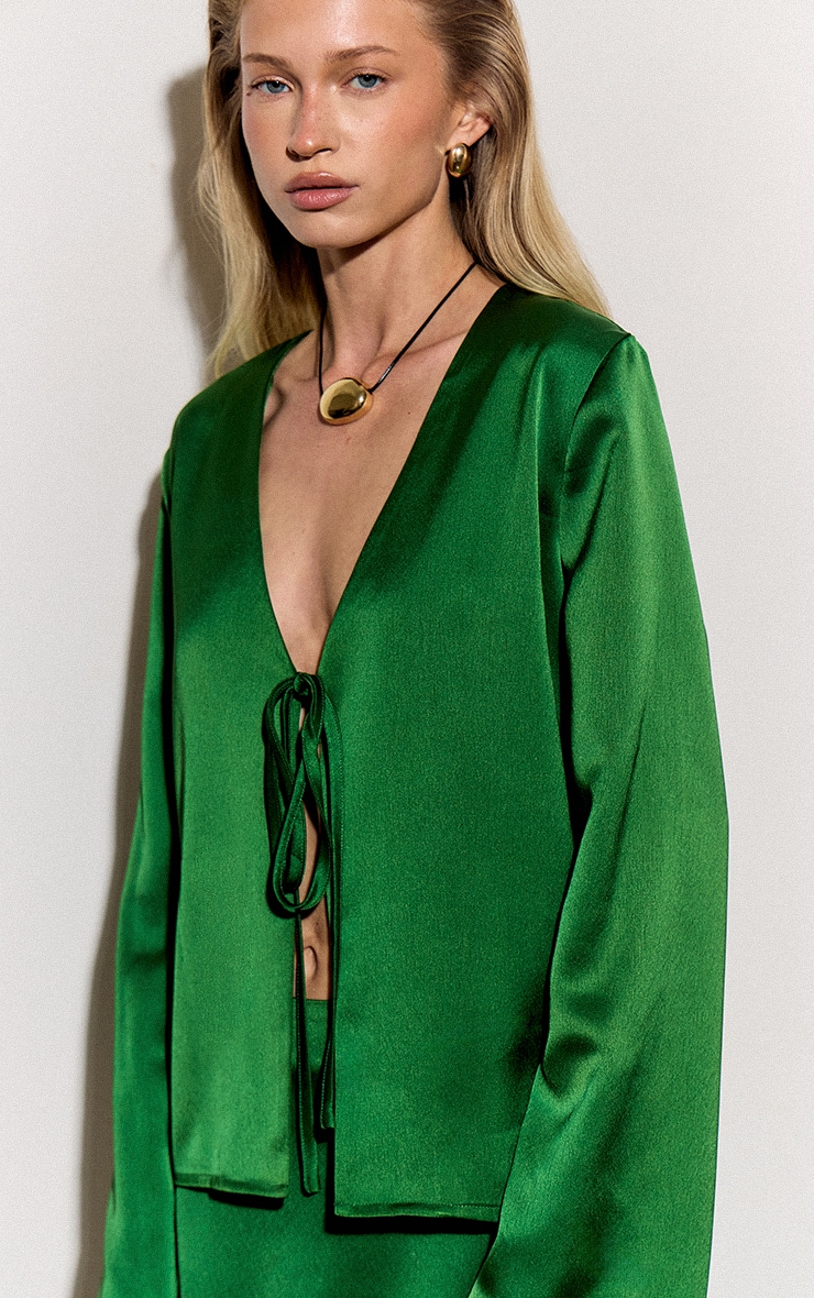 Green Satin Tie Front Boxy Shirt image 3