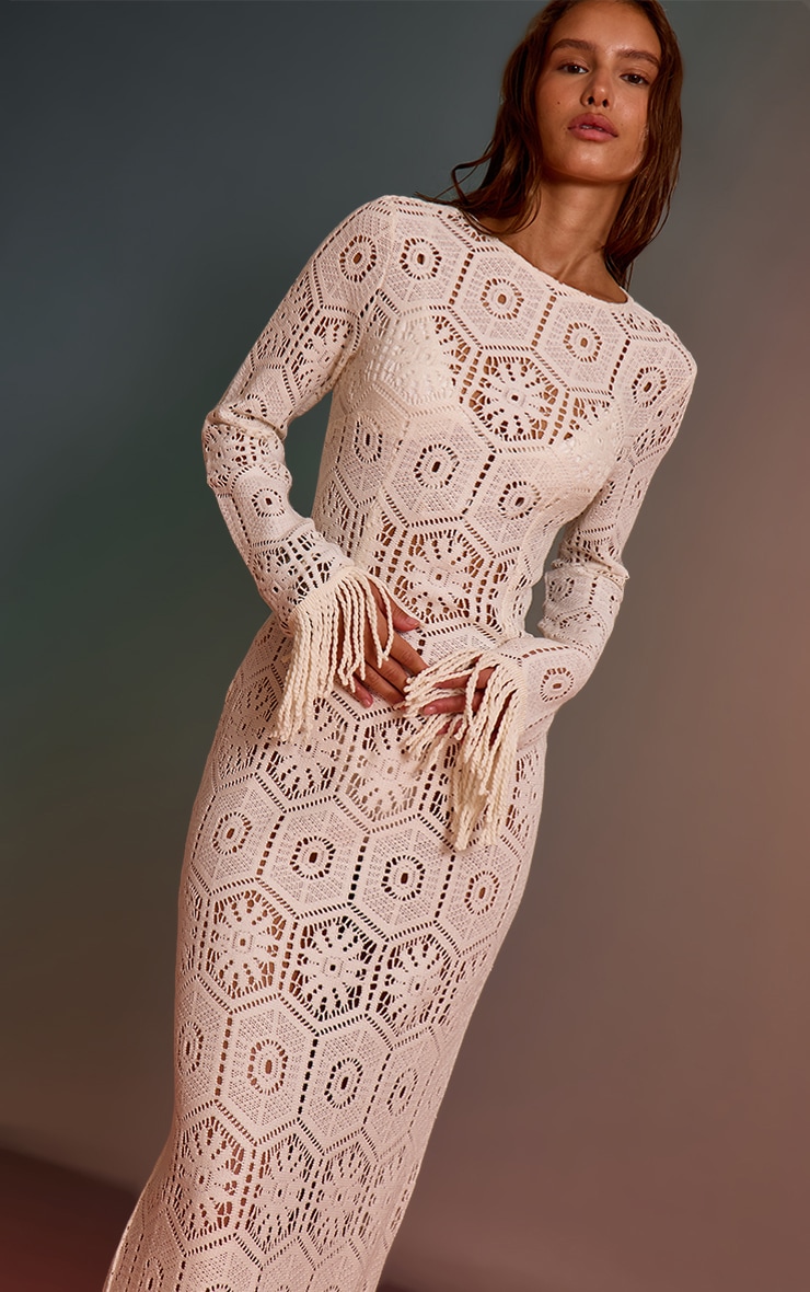 Cream Crochet Tassel Hem Maxi Beach Dress image 3