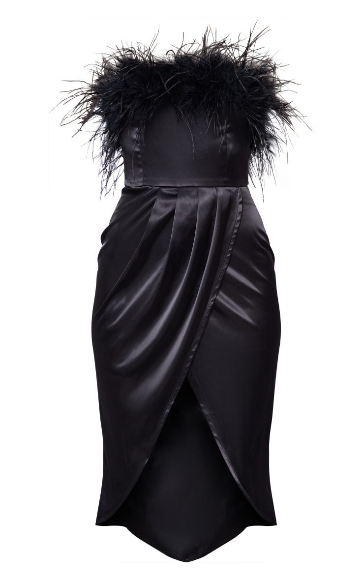 Black Feather Trim Bandeau Draped Wrap Midi Dress image 5