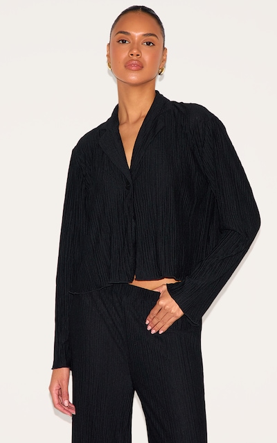 Black Textured Pleated Button Front Shirt