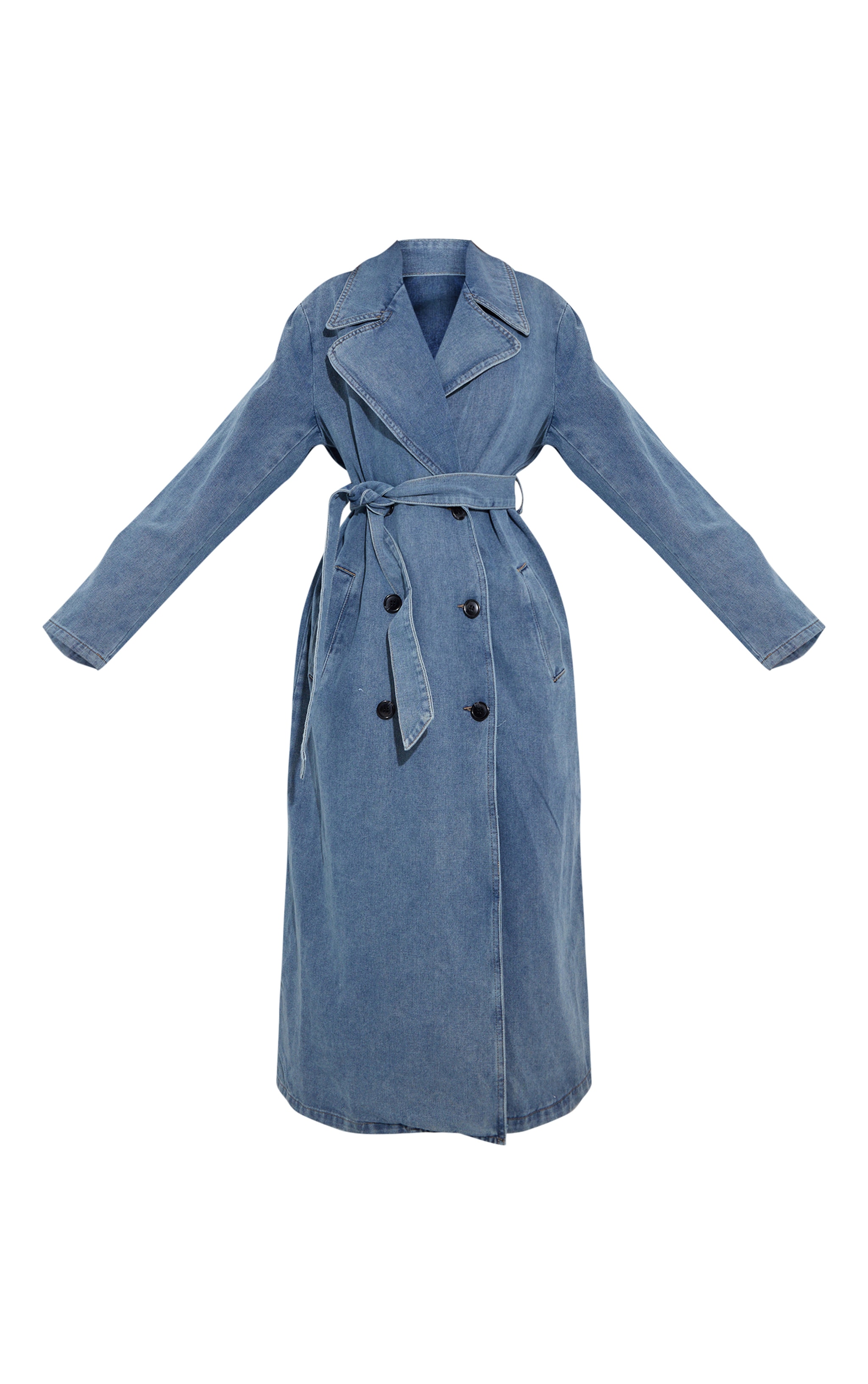 Vintage Blue Wash Denim Button Front Belted Trench Coat image 5