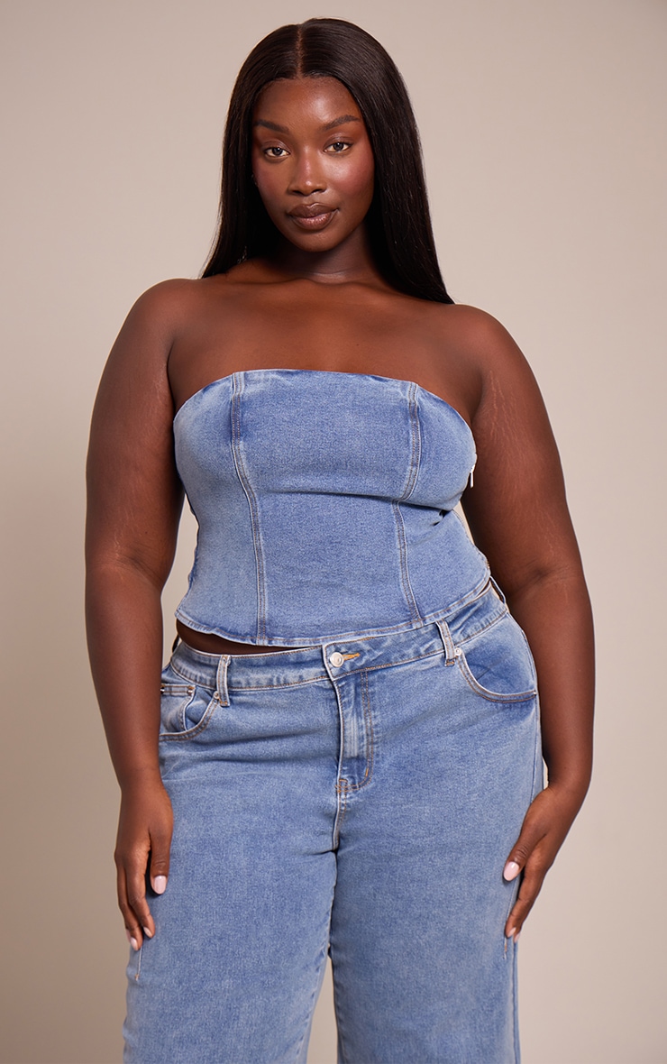Plus Mid Blue Wash Adjustable Elasticated Bandeau Corset Top