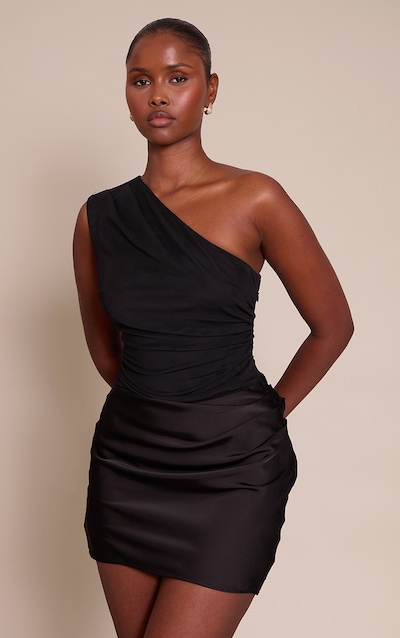 Black One Shoulder Satin Contrast Mini Dress