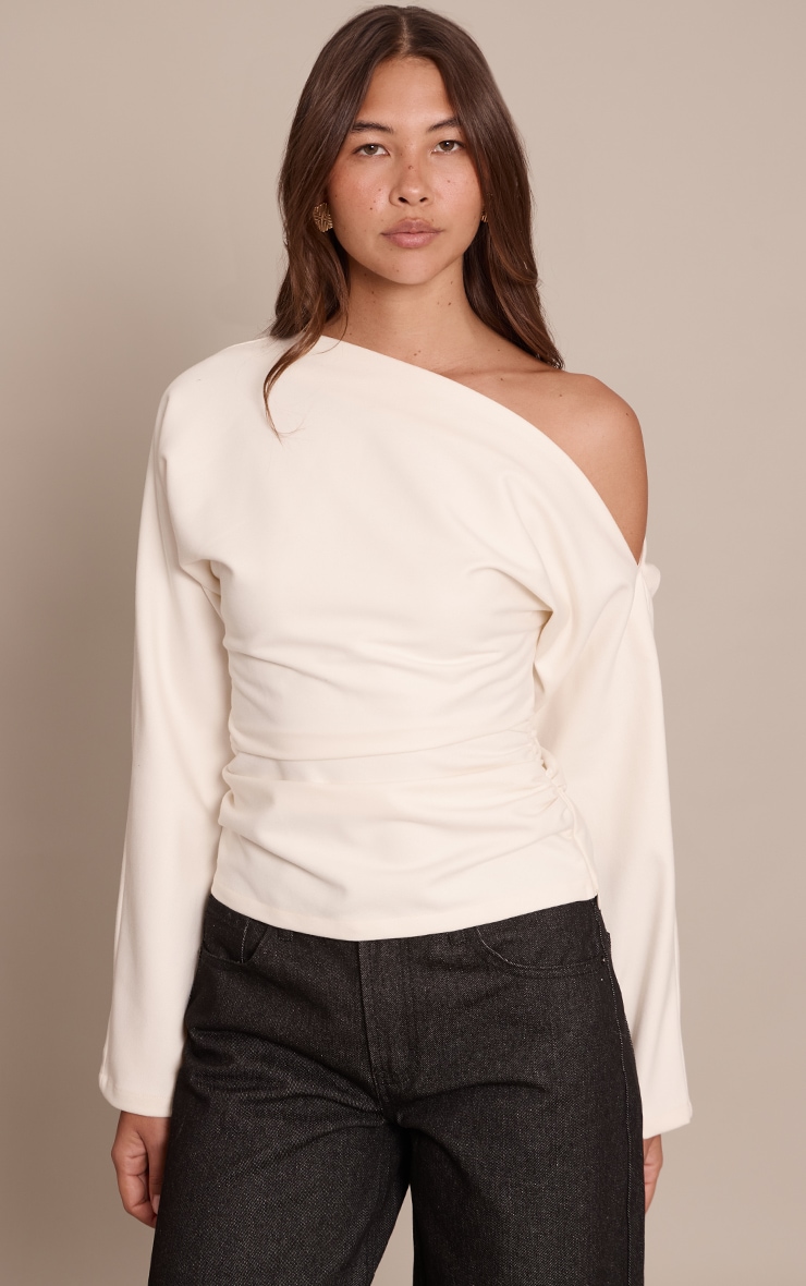 Cream Brushed Woven Ruched Top