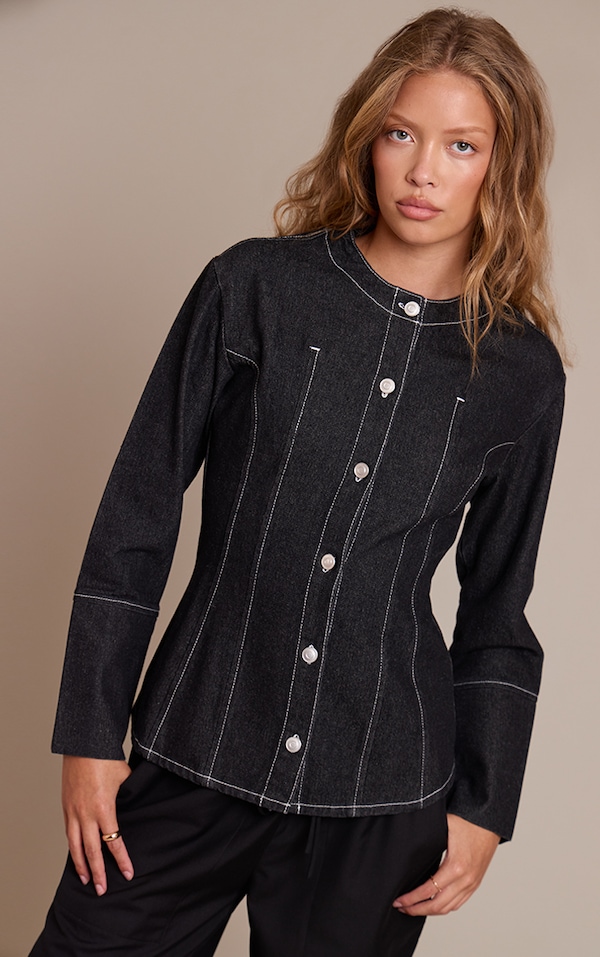 Raw Indigo Round Neck Button Up Cinched Denim Shirt