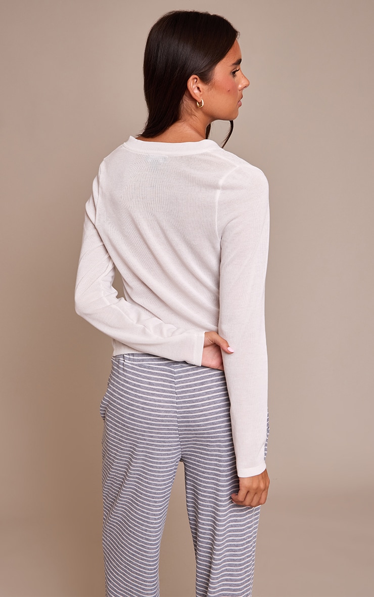 Cream Rib V Neck Long Sleeve Top image 2