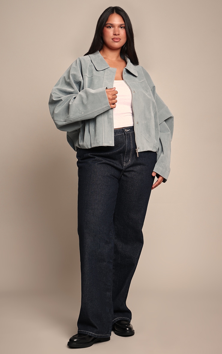 Plus Dusty Blue Faux Suede Covered Placket Bomber Jacket image 3