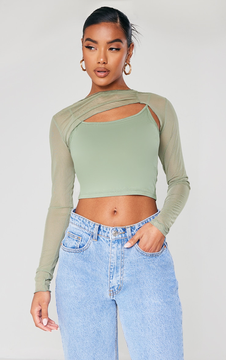 Khaki Mesh Overlavy Long Sleeve Crop Top image 1