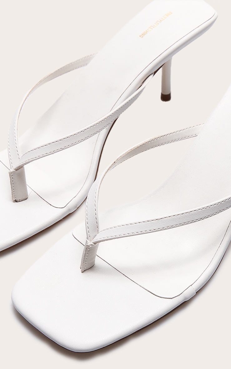 Cream Pu Square Toe Thong Mid Stiletto Heeled Mules image 4