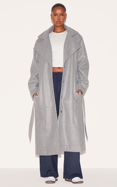 Grey Oversized Wool Look Trench Coat