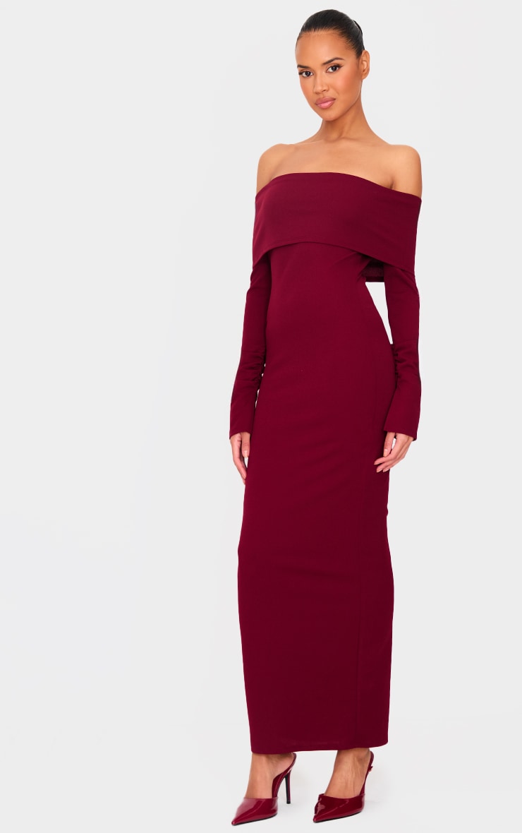 Burgundy Crepe Long Sleeve Bardot Maxi Dress image 3