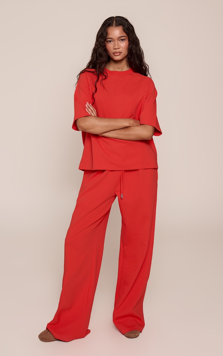 Red Embroidered Interlock Wide Leg Sweatpant image 2
