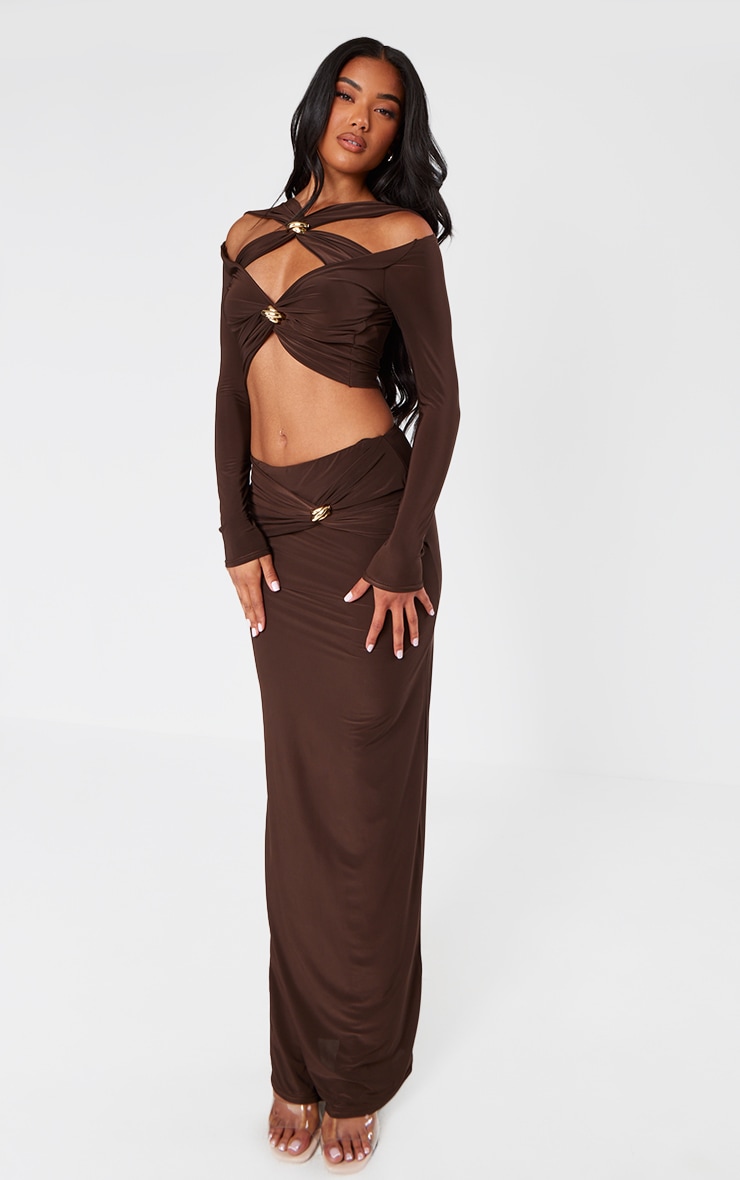 Chocolate Slinky Cut Out Long Sleeve Twist Trim Crop Top image 3