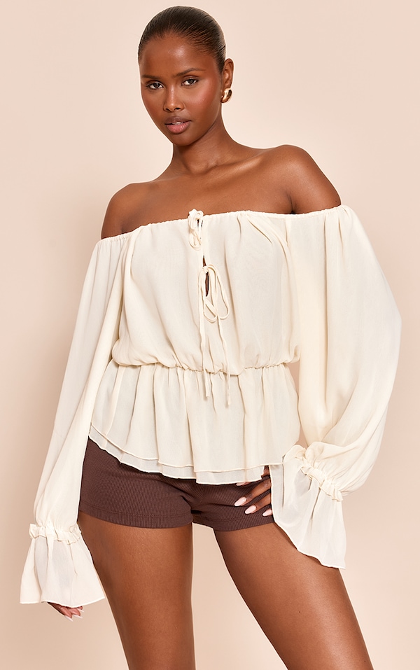 Cream Chiffon Tie Detail Bardot Floaty Top