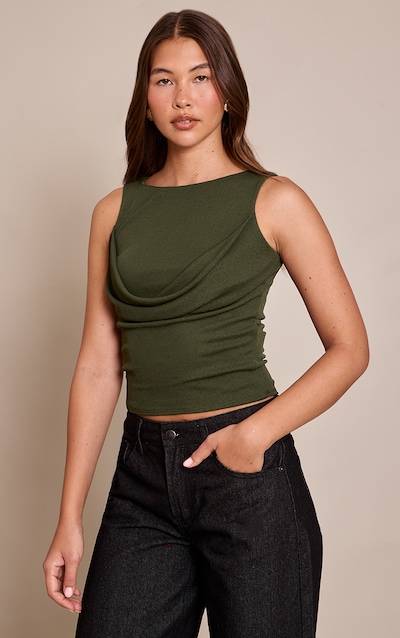 Dark Khaki Burnout Mesh Drape Detail Long Top