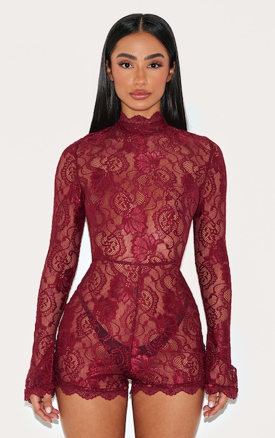 Petite Burgundy Lace Long Sleeve Fitted Playsuit