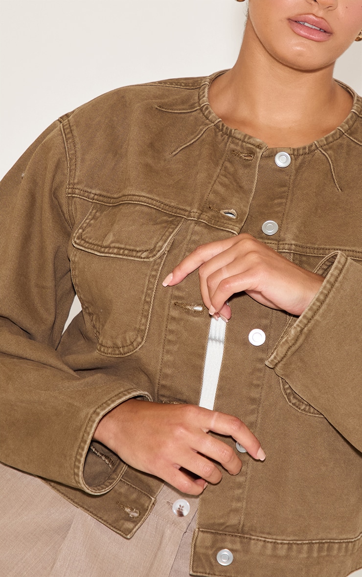 Plus Brown Collarless Detail Denim Jacket image 4