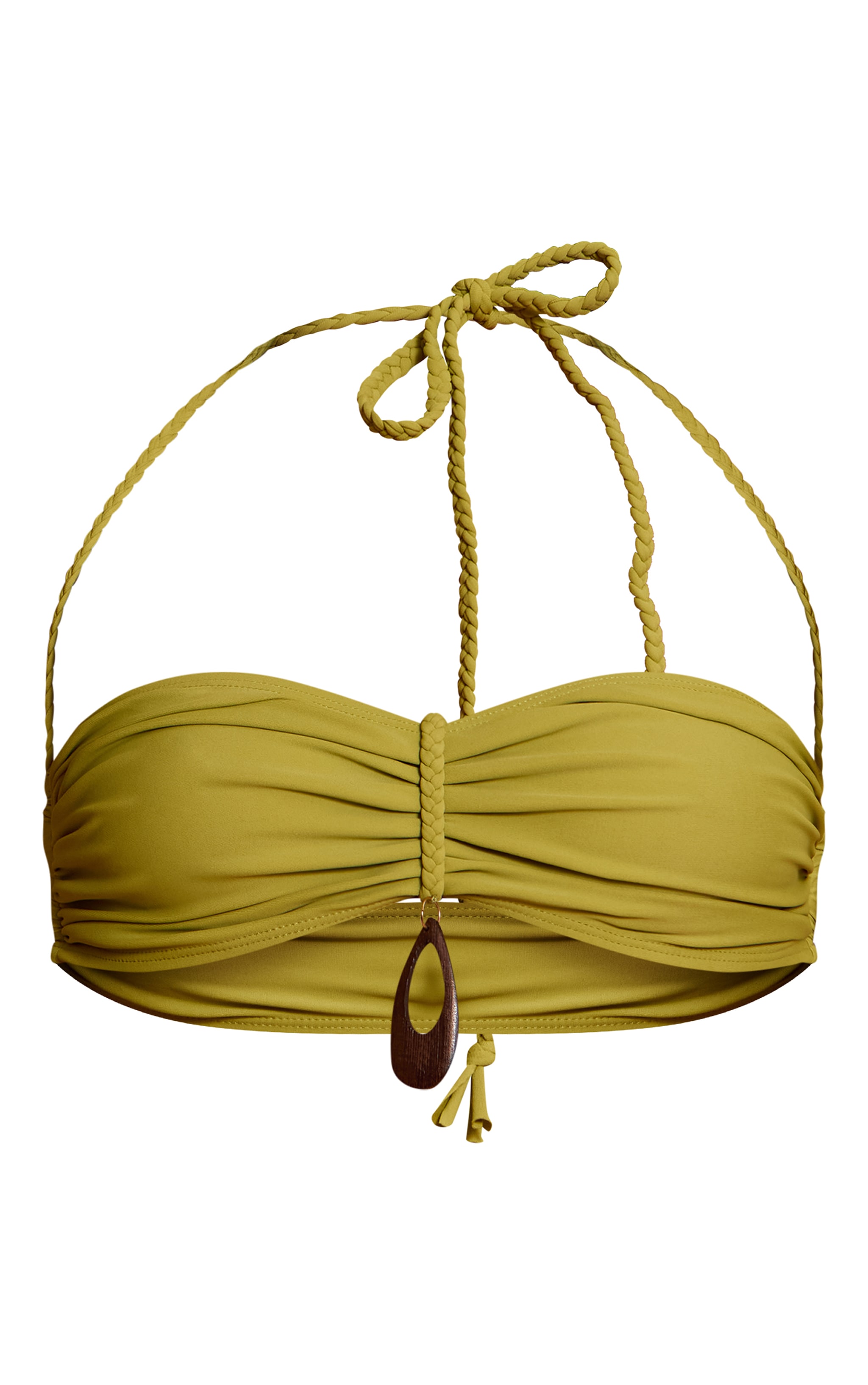 Olive Plaited Wood Ring Detail Ruched Bikini Top image 5