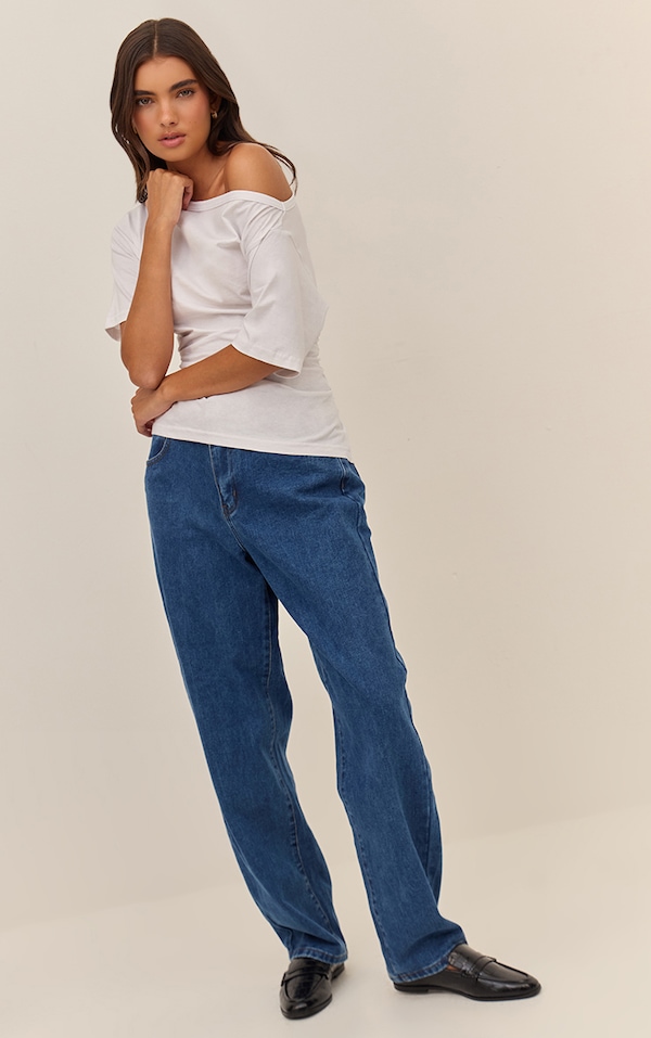 PRETTYLITTLETHING Jean boyfriend bleu foncé délavé à taille haute