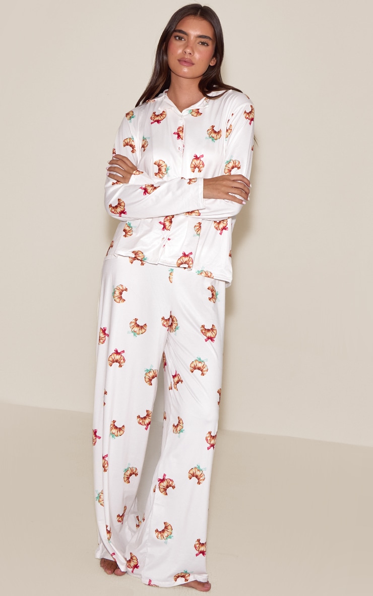 Cream Bow Croissant Long Sleeve Button Through PJ Set image 3