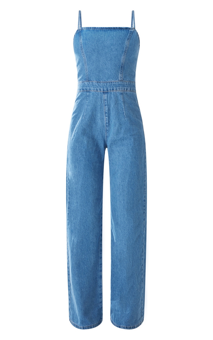 Mid Blue Wash Strappy Back Detail Denim Jumpsuit image 5