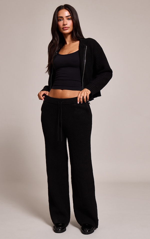 Petite Black Brushed Rib Knit Draw String Pant
