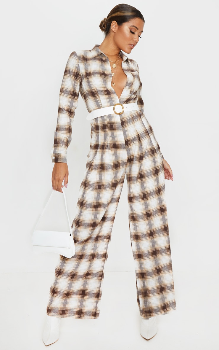 Beige Checked Oversized Wide Leg Jumpsuit