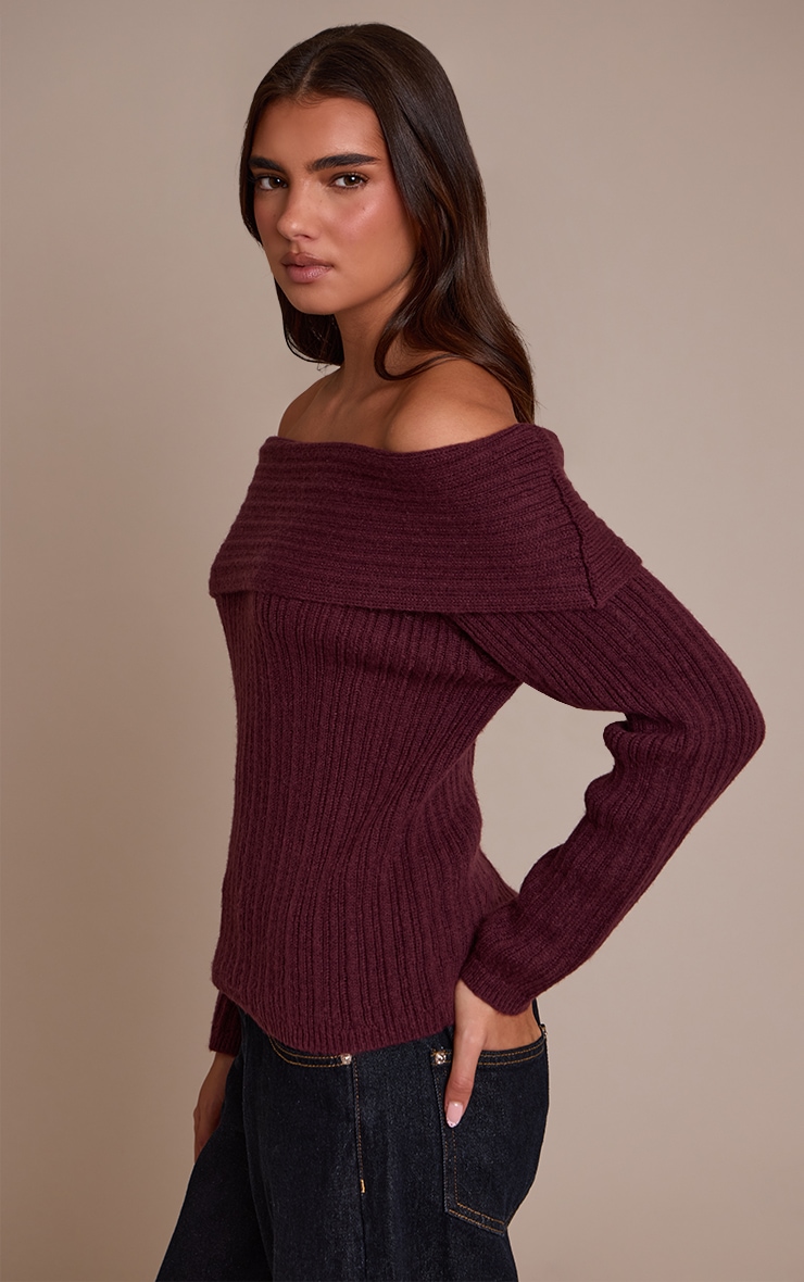Burgundy Off The Shoulder Knit Long Sleeve Top image 4