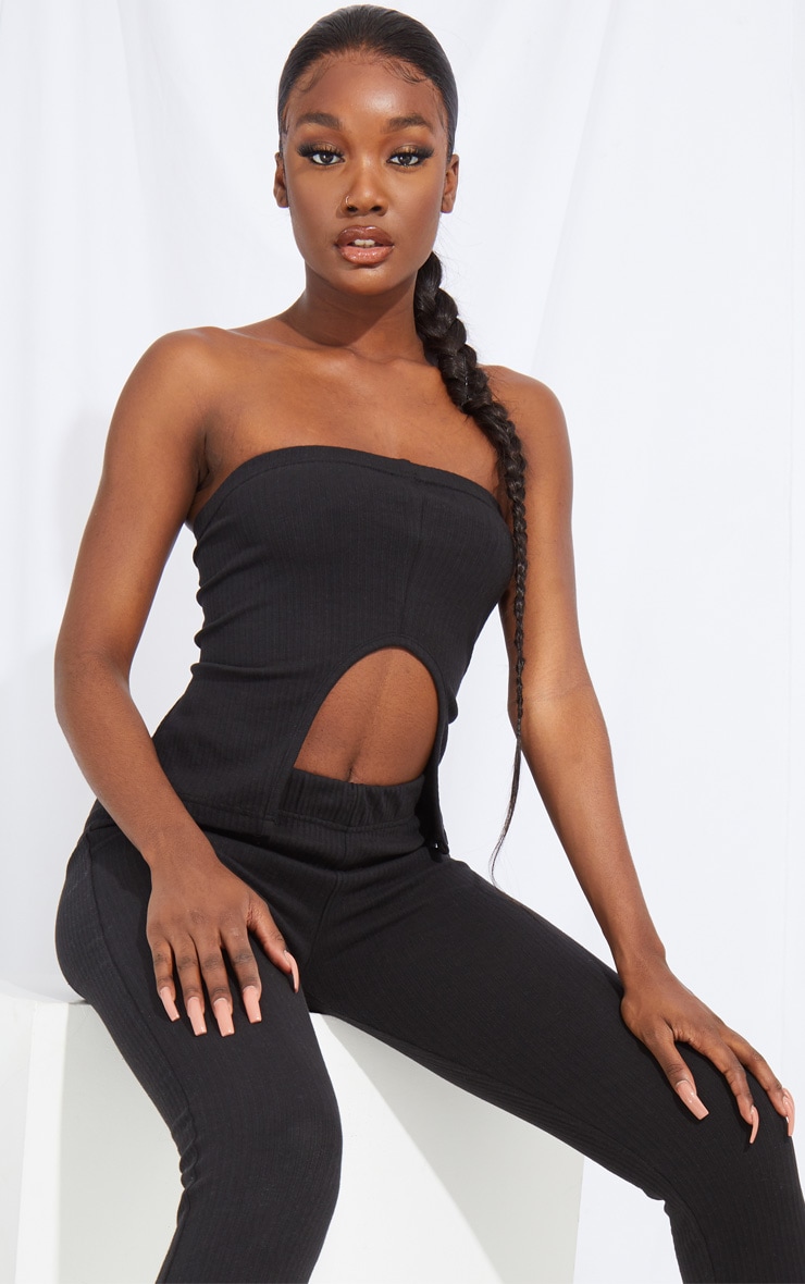 Tall Black Split Front Ribbed Bandeau Top