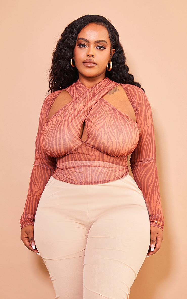 Plus Brown Mesh Cross Front Longsleeve Top image 1
