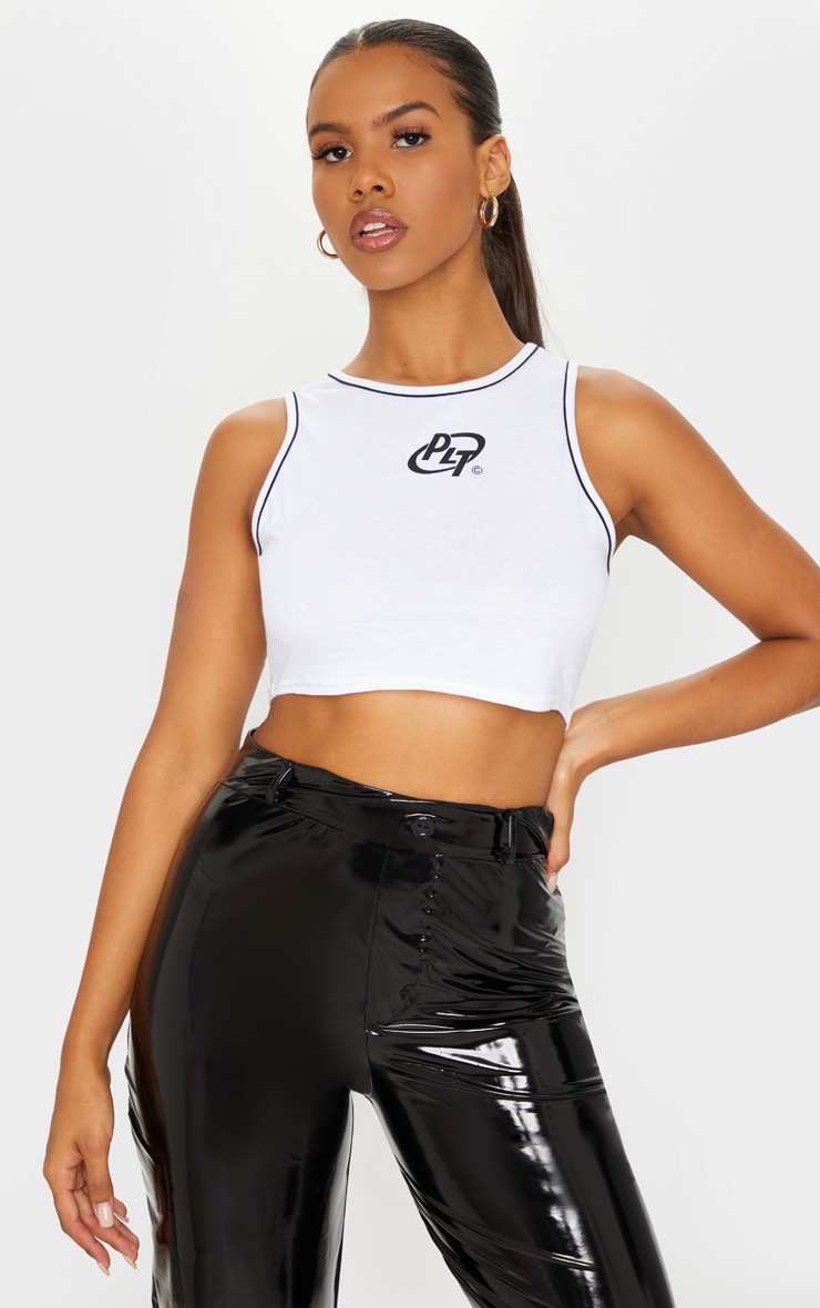 PRETTYLITTLETHING White Jersey Logo Racer Contrast Binding Crop Top