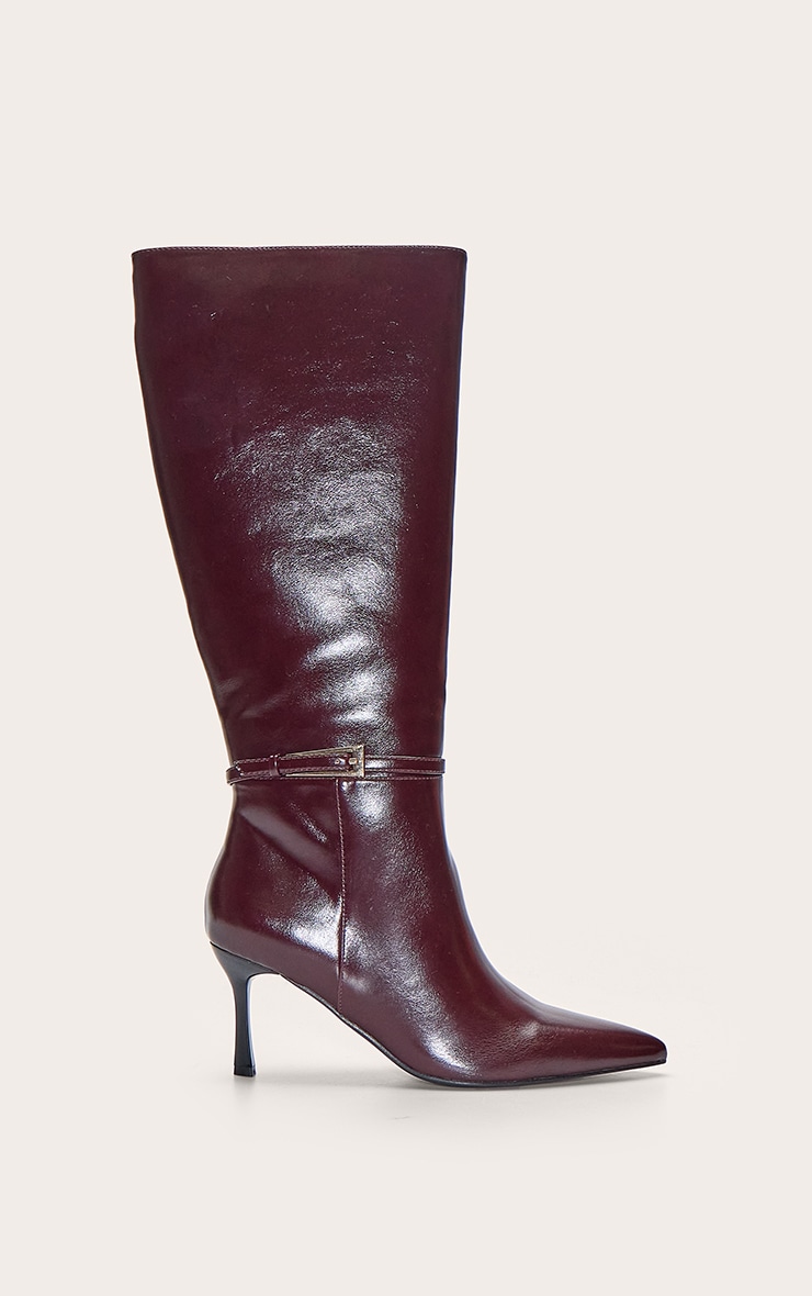 Burgundy Buckled Knee High Stiletto Heeled Boot image 2