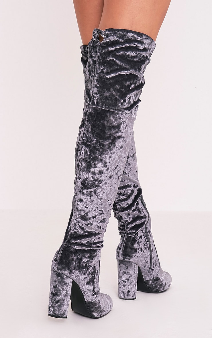 Bess Grey Crushed Velvet Heeled Thigh Boots Boots